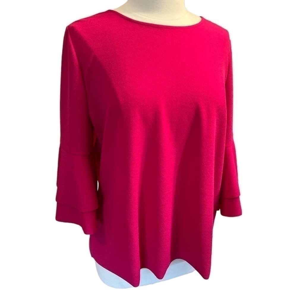 Lane Bryant Hot Pink 3/4 Ruffle Fluted Sleeves Blouse. Keyhole Button Back 14/16